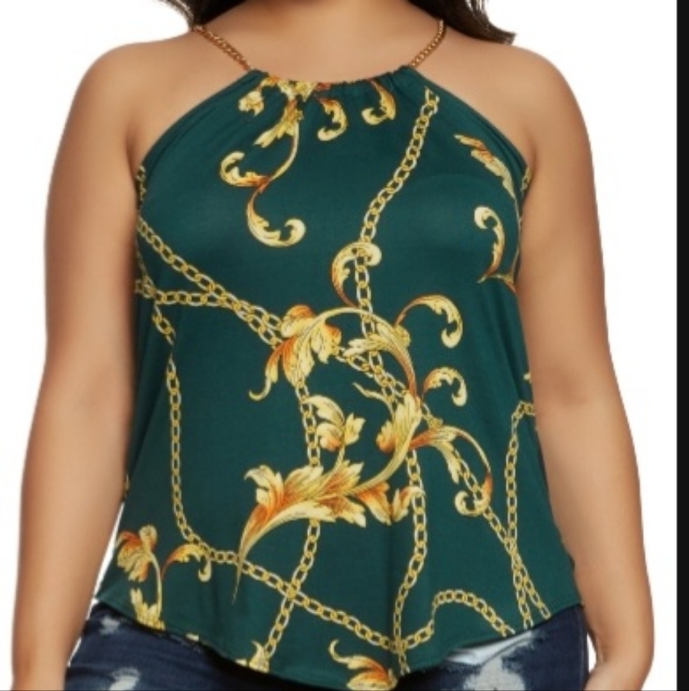 Rainbow Plus Size Printed Chain Strap Top, Green -1X